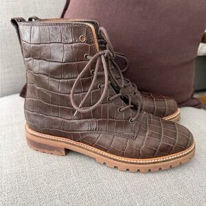 Madewell Brown Croc-Textured Leather Lace-Up Boots size 7